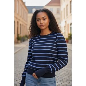 Lauren Ralph Black Label Navy Blue  Stripe Puff Sleeve Knit Sweater XXS